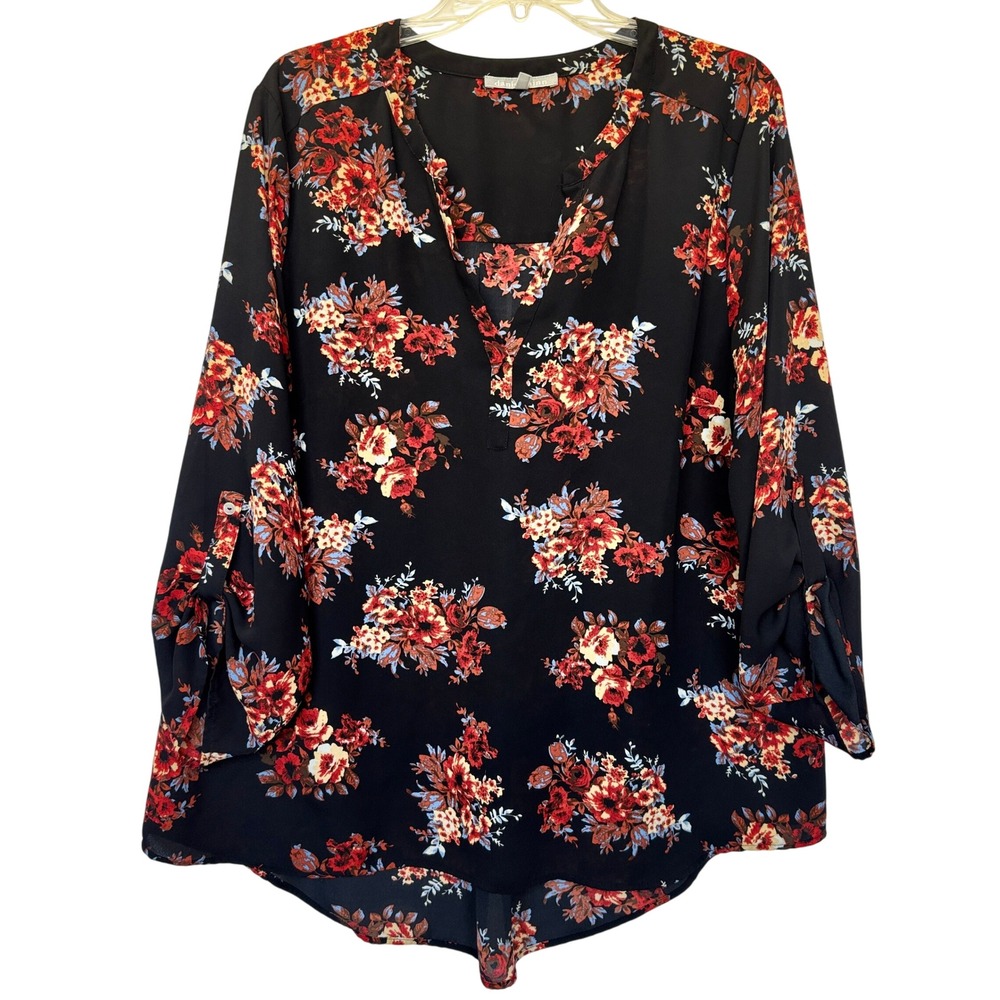 Daniel Rainn Black Floral Puff Sleeve V-Neck Top Stitch Fix Womens Plus Size XXL